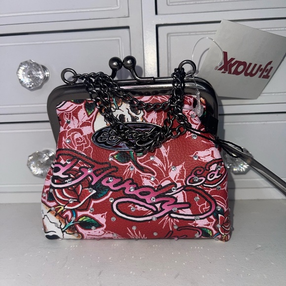 NWT Ed Hardy Floral Red Bedazzled Small bag/coin purse with Chain - Picture 8 of 8